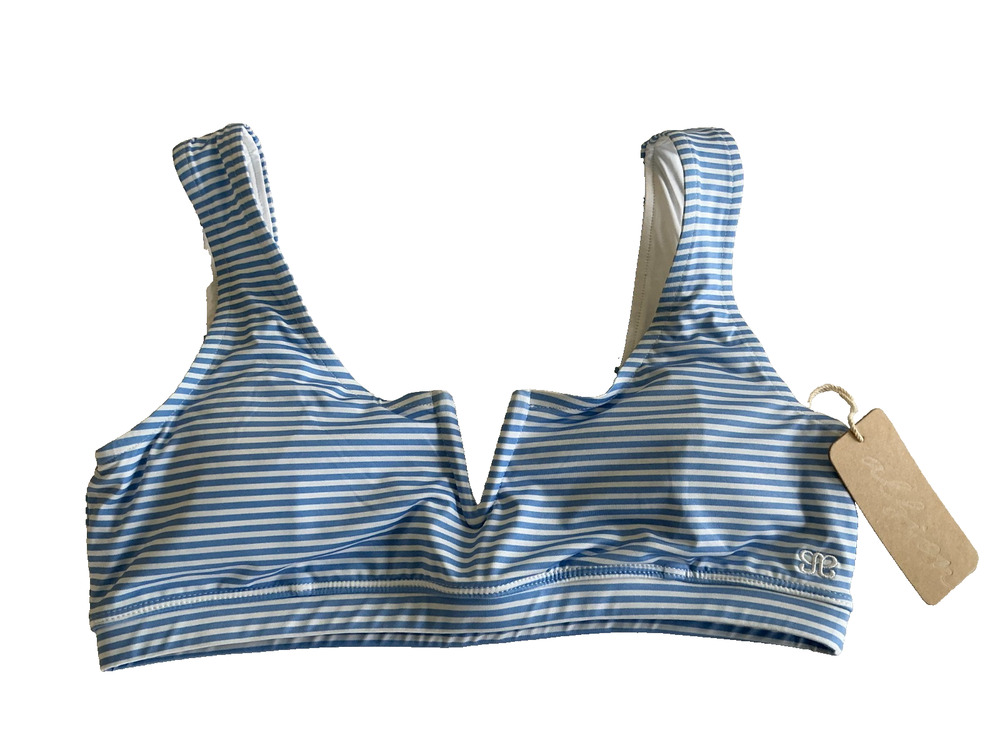 Albion Deep V Bikini Top Sand Bar Blue Stripe Women's Large NWT Swimwear